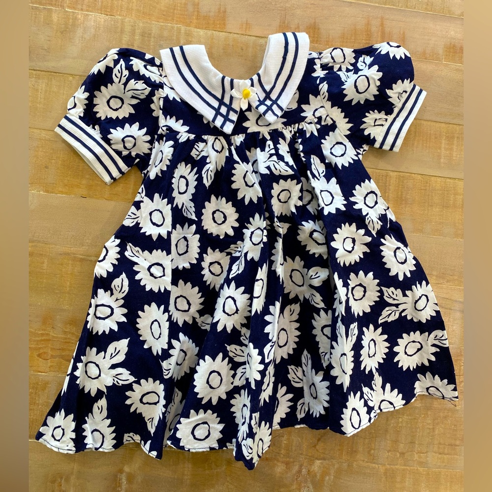 Unmarked vintage 1990s girls dress sailor floral navy blue